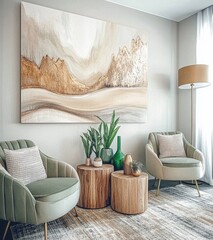 Modern abstract landscape wall art enhances cozy living space with olive chairs and warm accents in muted colors, bringing serenity and style to the interior design