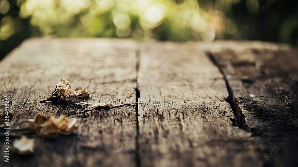 Poster Closeup of rustic wooden table with dried flowers and soft natural light in outdoor setting : Generative AI