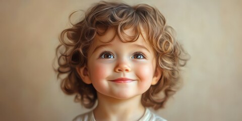 Cute smiling child with curly hair looking joyfully at the camera indoors during daytime