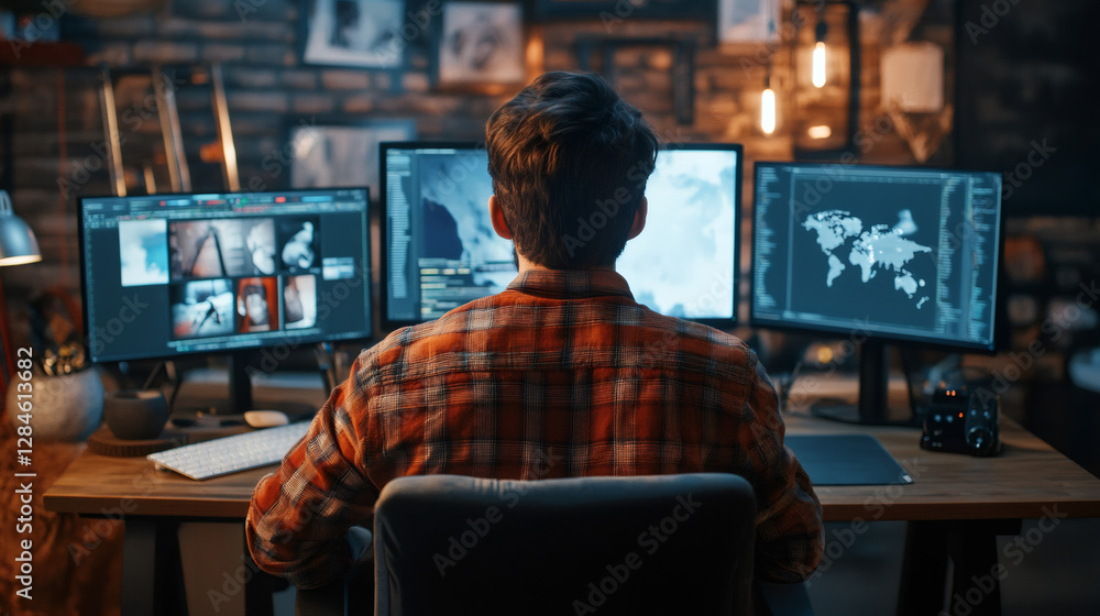 Aufkleber focused programmer typing code late at night, surrounded by multiple screens showing data, programmi