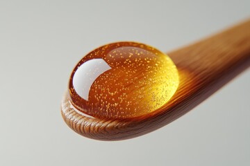 A glistening drop of golden honey rests on a wooden spoon, showcasing its texture and subtle bubbles.