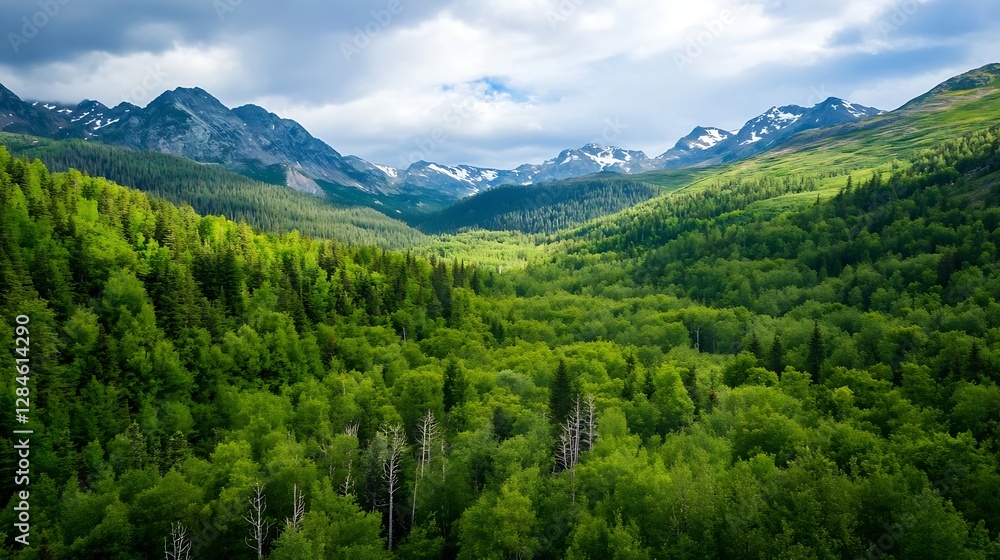 Poster aerial view of lush green forest mountains under a beautiful cloudy sky backdrop : generative ai