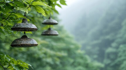 Rain bells hanging in misty forest. Possible use Nature photography, travel brochure