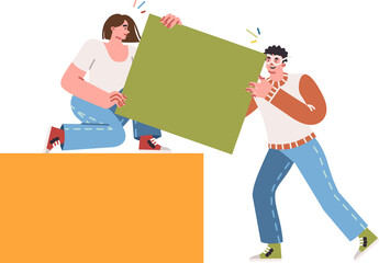 Teamwork of man and woman developing project together, creating reliable structure from cubes. Teamwork of teenage boy and girl scaling to complete thesis paper for university or college