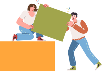 Teamwork of man and woman developing project together, creating reliable structure from cubes. Teamwork of teenage boy and girl scaling to complete thesis paper for university or college