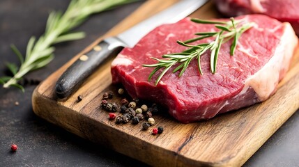Fototapeta premium Fresh raw steak garnished with herbs placed on a wooden cutting board with spices : Generative AI