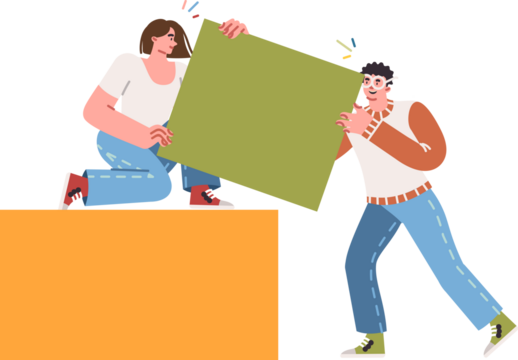 Teamwork of man and woman developing project together, creating reliable structure from cubes. Teamwork of teenage boy and girl scaling to complete thesis paper for university or college