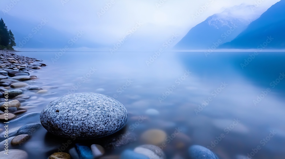 Aufkleber serene lake view featuring smooth pebbles and misty mountains reflected on calm waters in cool blue 