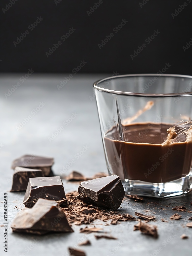Poster rich dark chocolate drink in glass surrounded by chocolate shards on dark background : generative ai