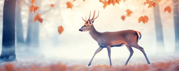 A gentle deer walking through a misty forest with swinging leaves