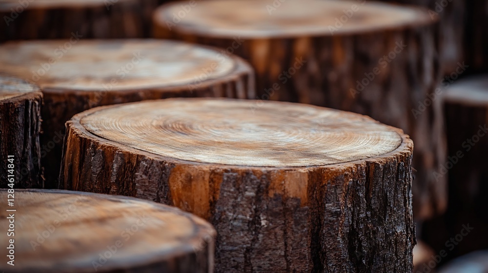 Poster closeup of cut tree logs stacked neatly in a rustic setting emphasizing natural wood textures : gene
