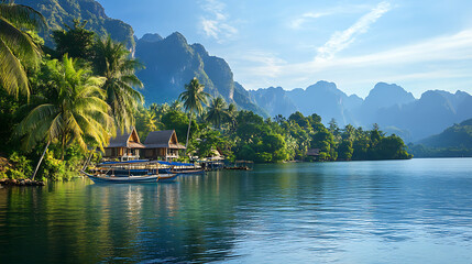 Fototapeta premium Beautiful waterfront view with majestic mountains peaceful lake scenery and breath taking natural landscape.