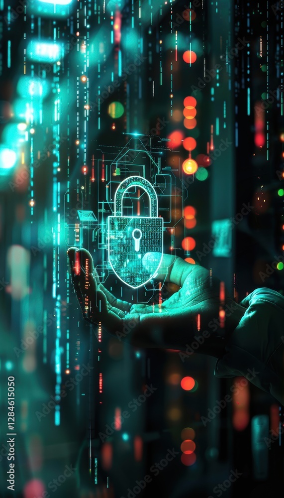 Poster futuristic security concept featuring holographic padlock and encrypted data streams