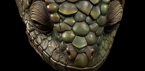 Chameleon face portrait set against a black backdrop