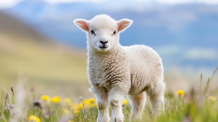 Fototapeta premium Adorable lamb standing in a field filled with flowers and vibrant green grass under a sunny sky : Generative AI