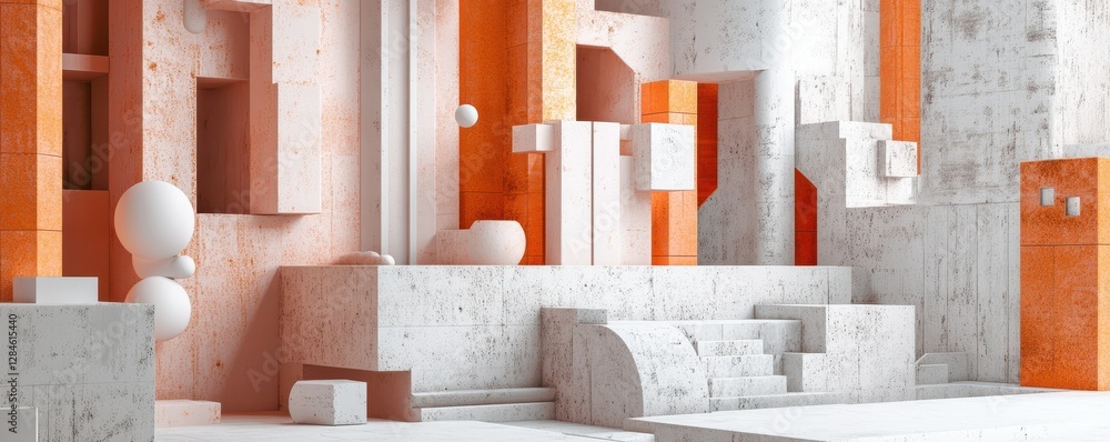 Poster abstract geometric architecture with white and orange blocks and spheres in modern design