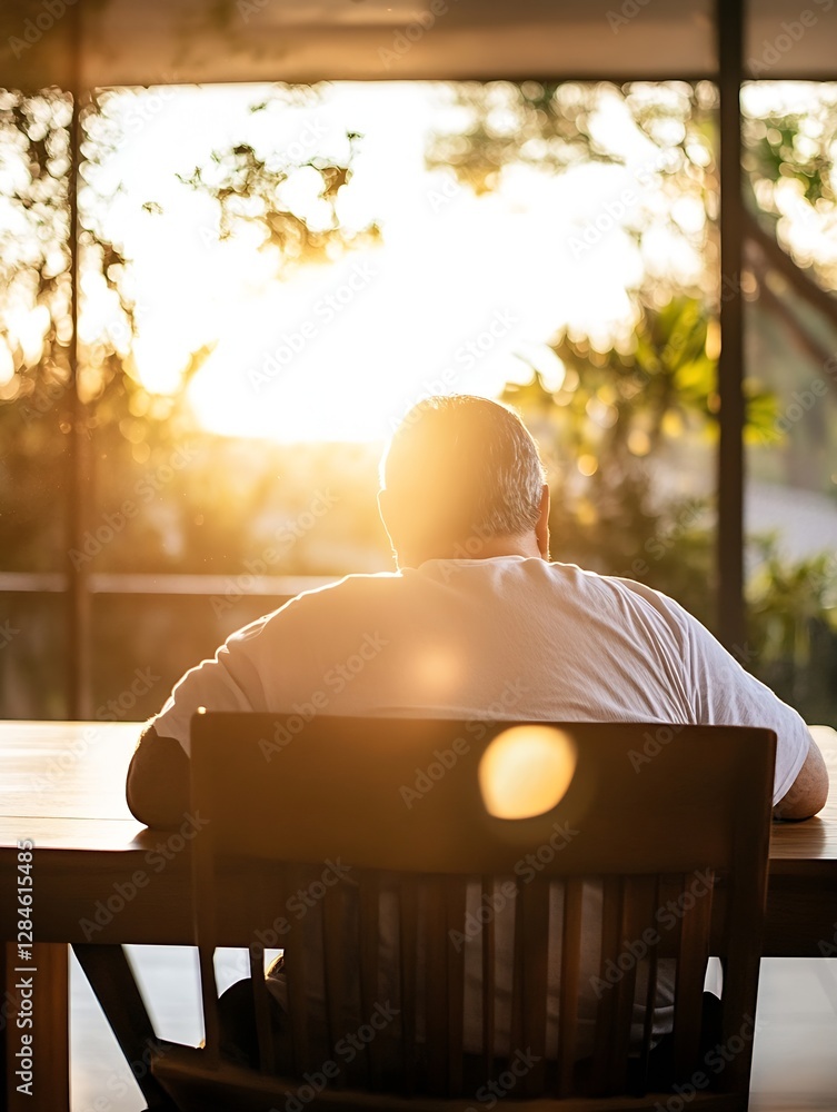 Poster man sitting alone at dinner table enjoying the beauty of a sunset view in a cozy environment : gener
