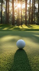 Summer golf tournament poster featuring a pristine golf ball on lush green grass within a vibrant forest setting illuminated by warm sunrays