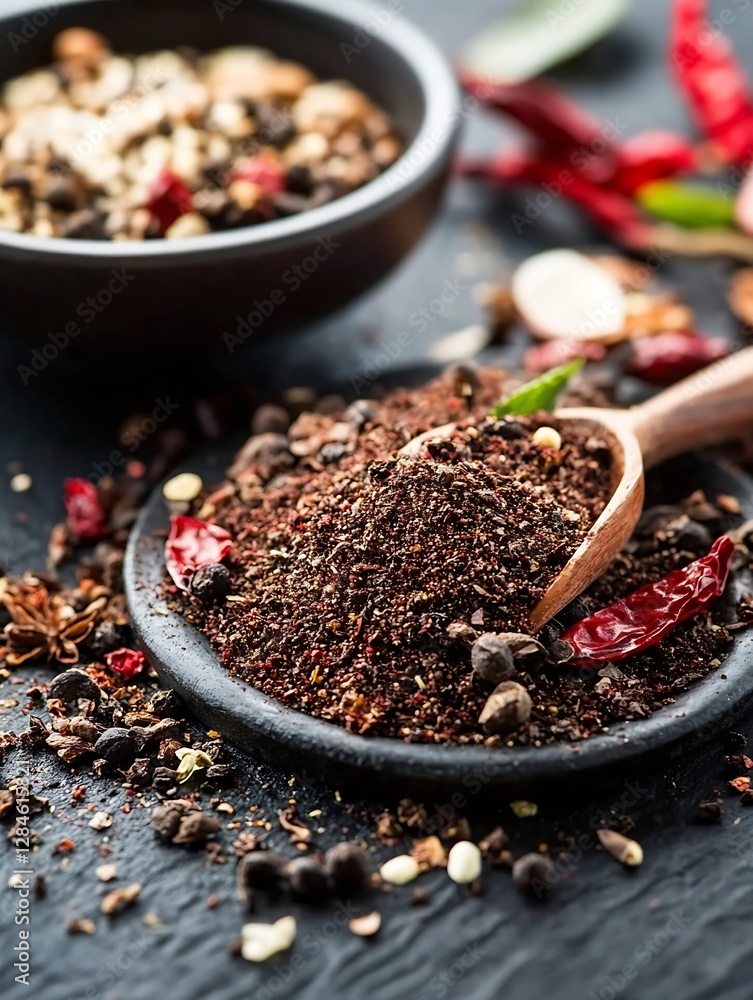 Poster aesthetic close up of varied spices in bowls with a wooden spoon on a dark background : generative a