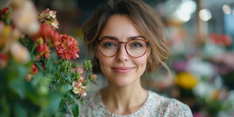 Smiling woman with glasses standing among vibrant flowers in a market setting during daylight