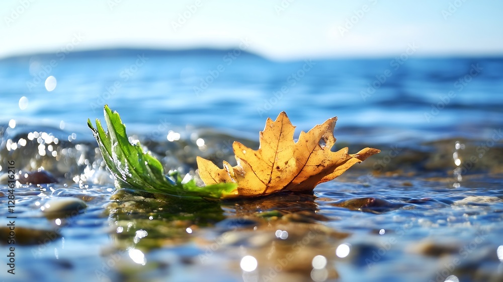 Poster Autumn leaf floating gently in clear water with pebbles and greenery creating a tranquil natural scene : Generative AI