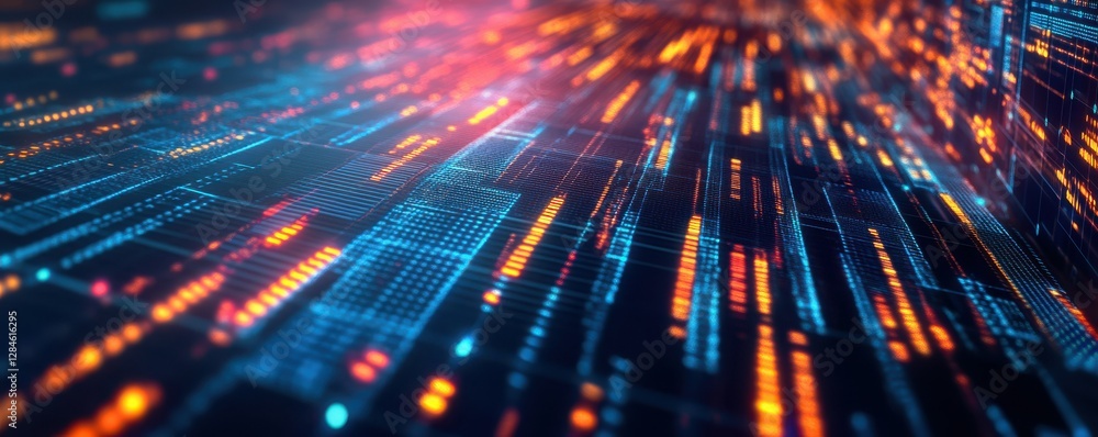Poster dynamic digital circuit board: illuminated data stream in a vibrant network grid