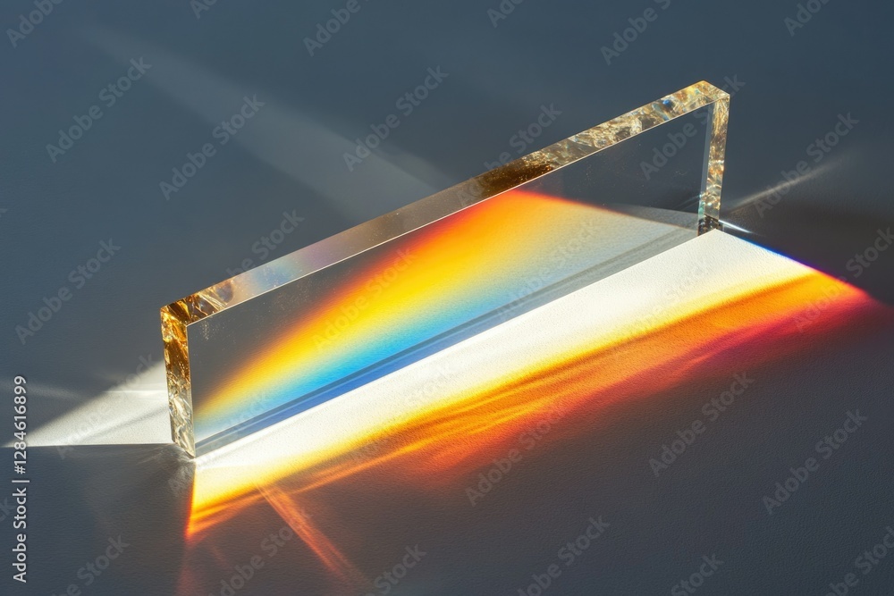 Aufkleber a clear rectangular prism refracts light, creating a vibrant rainbow spectrum on a gray surface.