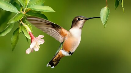 Naklejka premium A hummingbird hovering near swinging flower leaves, collecting nectar