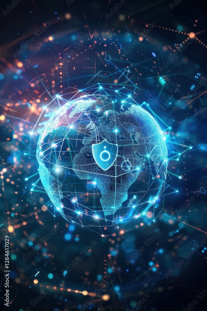 Aufkleber global cybersecurity networks concept with digital globe and holographic shields for tech designs