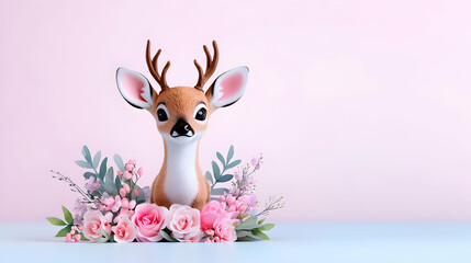 Naklejka premium Watercolor Baby Deer with Pink Roses and Flowers on a Light Blue Table