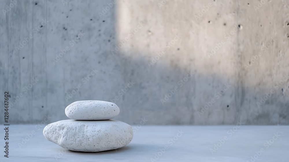 Poster minimalist zen stones carefully stacked on a smooth surface with warm light : generative ai