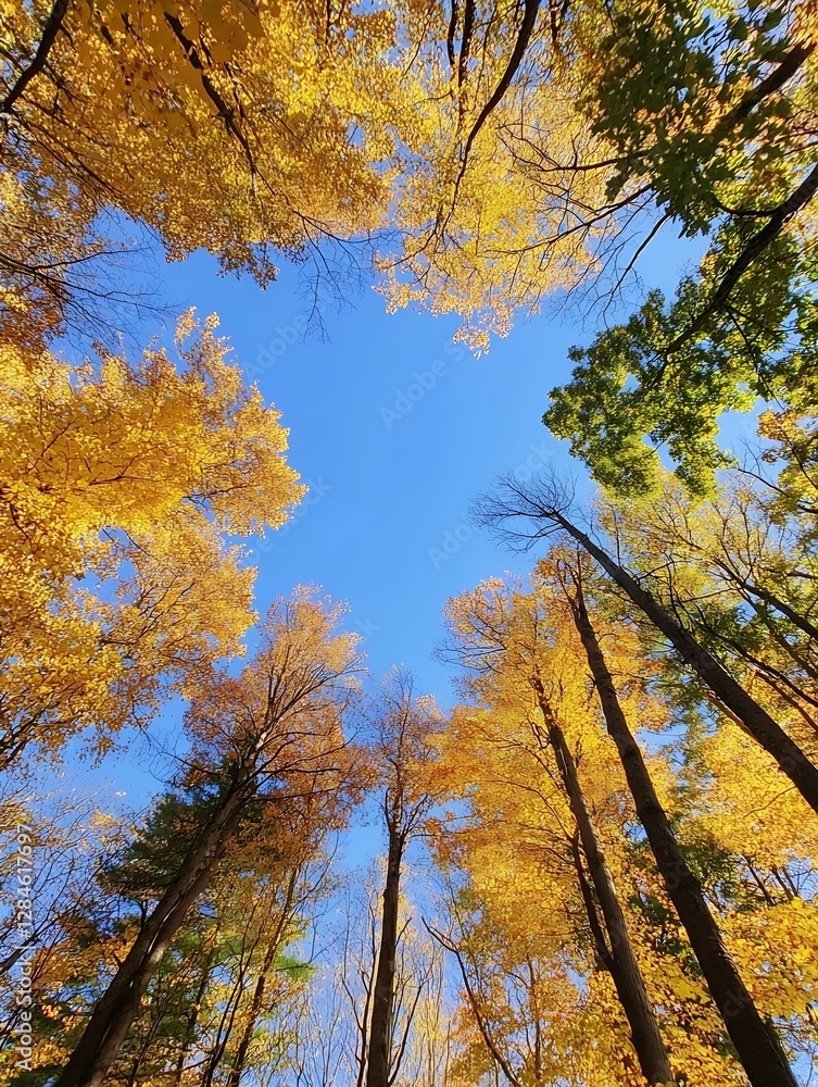 Poster Vibrant autumn foliage captured from below with clear blue sky framing colorful trees : Generative AI