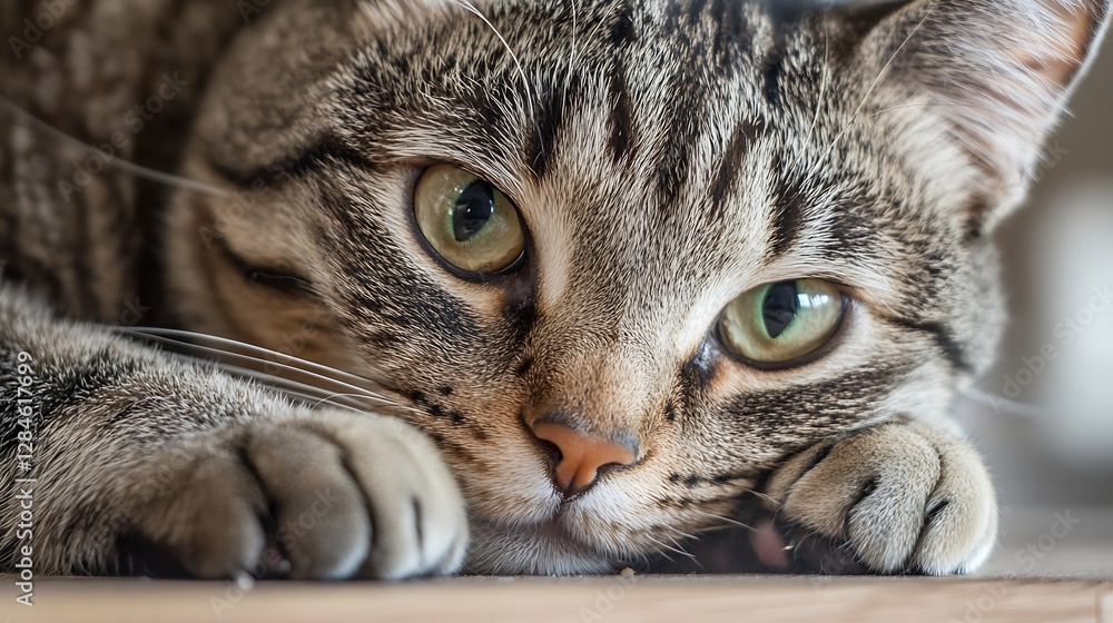 Poster closeup of a relaxed tabby cat resting at home highlighting beautiful green eyes and soft fur : gene