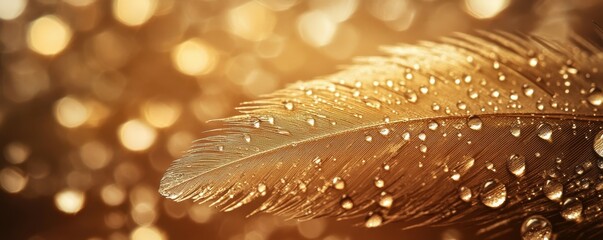 Golden feather close-up with water droplets and soft light bokeh background