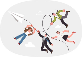 Team of people goes on business trip on paper plane to meet and sign contract with partners. Happy business people enjoying flight, getting opportunity for career boost and salary increase