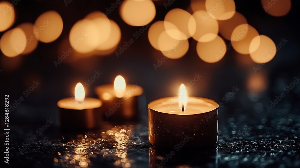Poster softly glowing candles creating a warm ambiance with bokeh background lights : generative ai