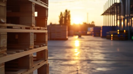 Wooden pallets stacked in an industrial warehouse during a vibrant sunset : Generative AI
