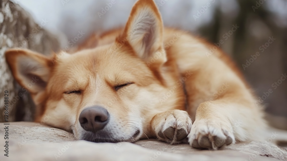 Poster adorable close up of a relaxed golden dog peacefully sleeping on a comfortable surface in a tranquil