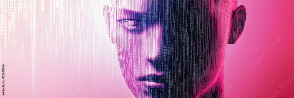 Poster Human face outline merging with binary code to illustrate advanced artificial intelligence concept. Generative AI