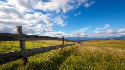 Vast green fields under a sunny sky with fluffy clouds and a wooden fence in the foreground : Generative AI