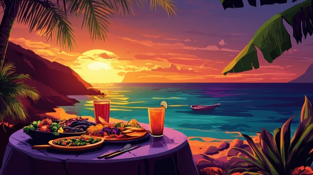 Tropical sunset dinner by the ocean with exotic dishes and refreshing drinks