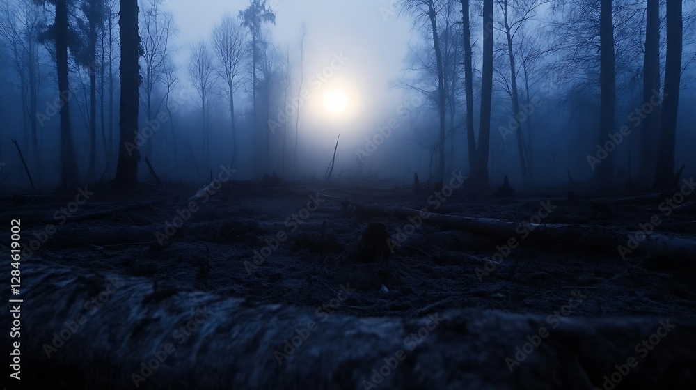 Aufkleber mysterious foggy forest at dusk with eerie light glowing through the hazy trees creating a haunting 