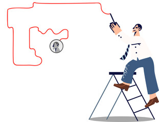 Smart man finds way out of maze, for concept of finding solution when moving up career ladder. Business guy with smile solves maze puzzle as metaphor for gaining freedom from employer