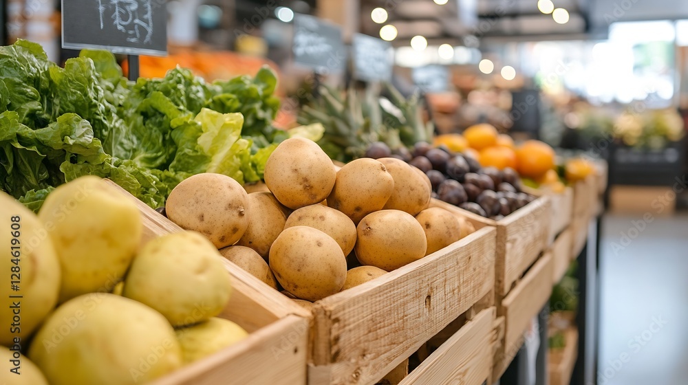 Aufkleber organic produce display at grocery store with fresh fruits and vegetables in wooden crates : generat