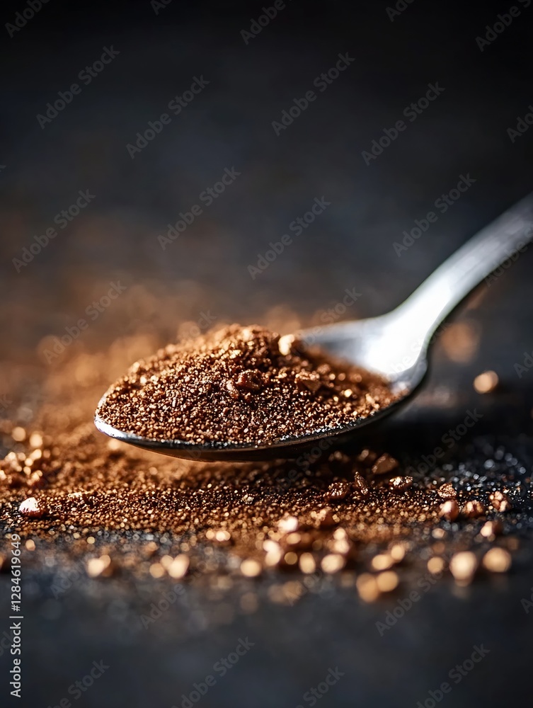 Poster Closeup of aromatic coffee powder in a spoon set against a dark background highlighting texture and color : Generative AI
