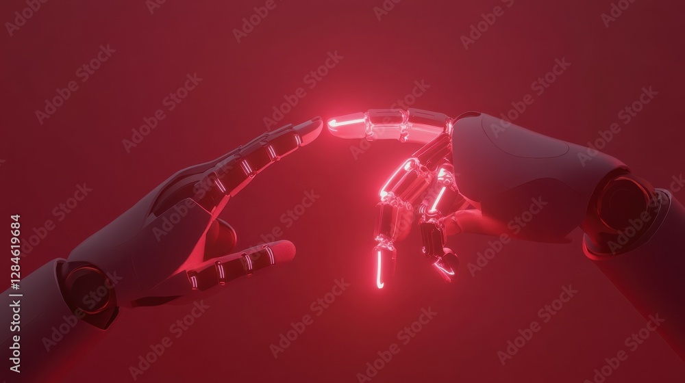 Poster glowing robotic hands touching on a red background