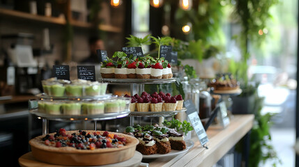Plant-based dessert display in eco-friendly caf?(C) environment