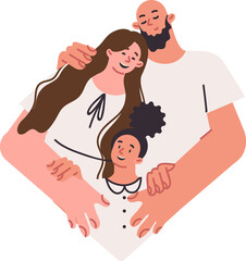 Happy family of parents and little daughter hugging located in big heart, symbolizing mutual love or unity. Positive family with mom and dad near foster child of preschool age taken from orphanage