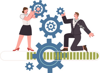 Project management from two managers working together to improve production process standing on loading lane. Business people connect gears to modernize synergy project management.