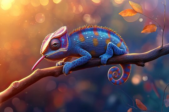 A chameleon panther resting on wood, detailed view of the chameleon panther set against its natural habitat